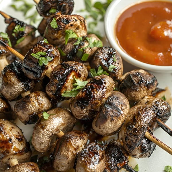 Grilled mushroom skewers with fresh herbs and a side of dipping sauce.